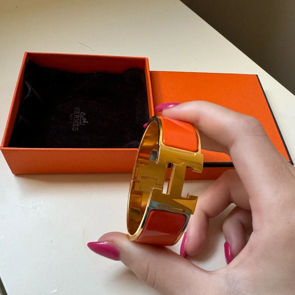 Hermes Orange Enamel Clic H Bracelet with Gold Hardware